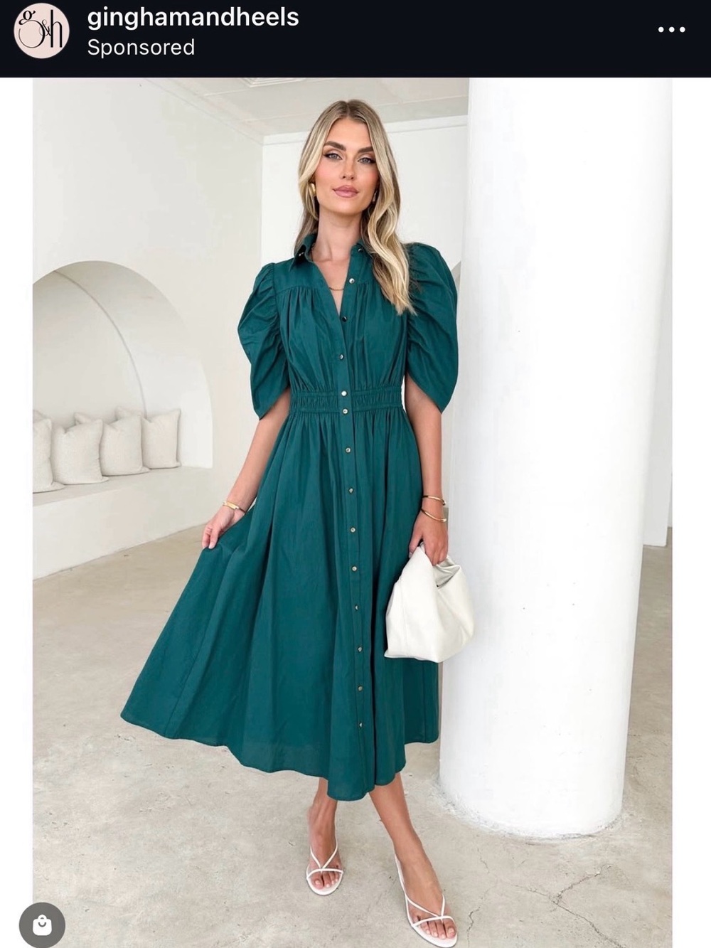 Gingham & Heels “Ariana” Button-Front Cotton Dress with Puff Sleeves - Women